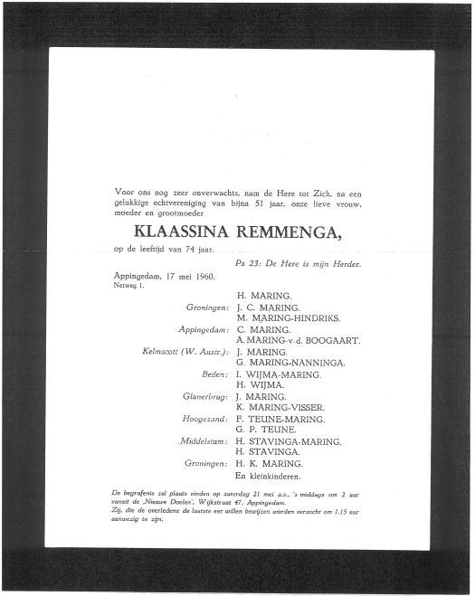 klaassina remminga, rouwkaart.